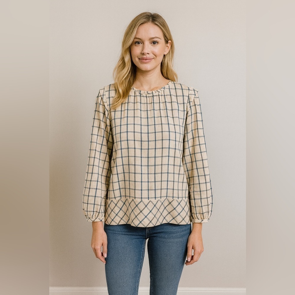Mirth Windowpane Long Sleeve Blouse Size Small Color Cream Black/Grey